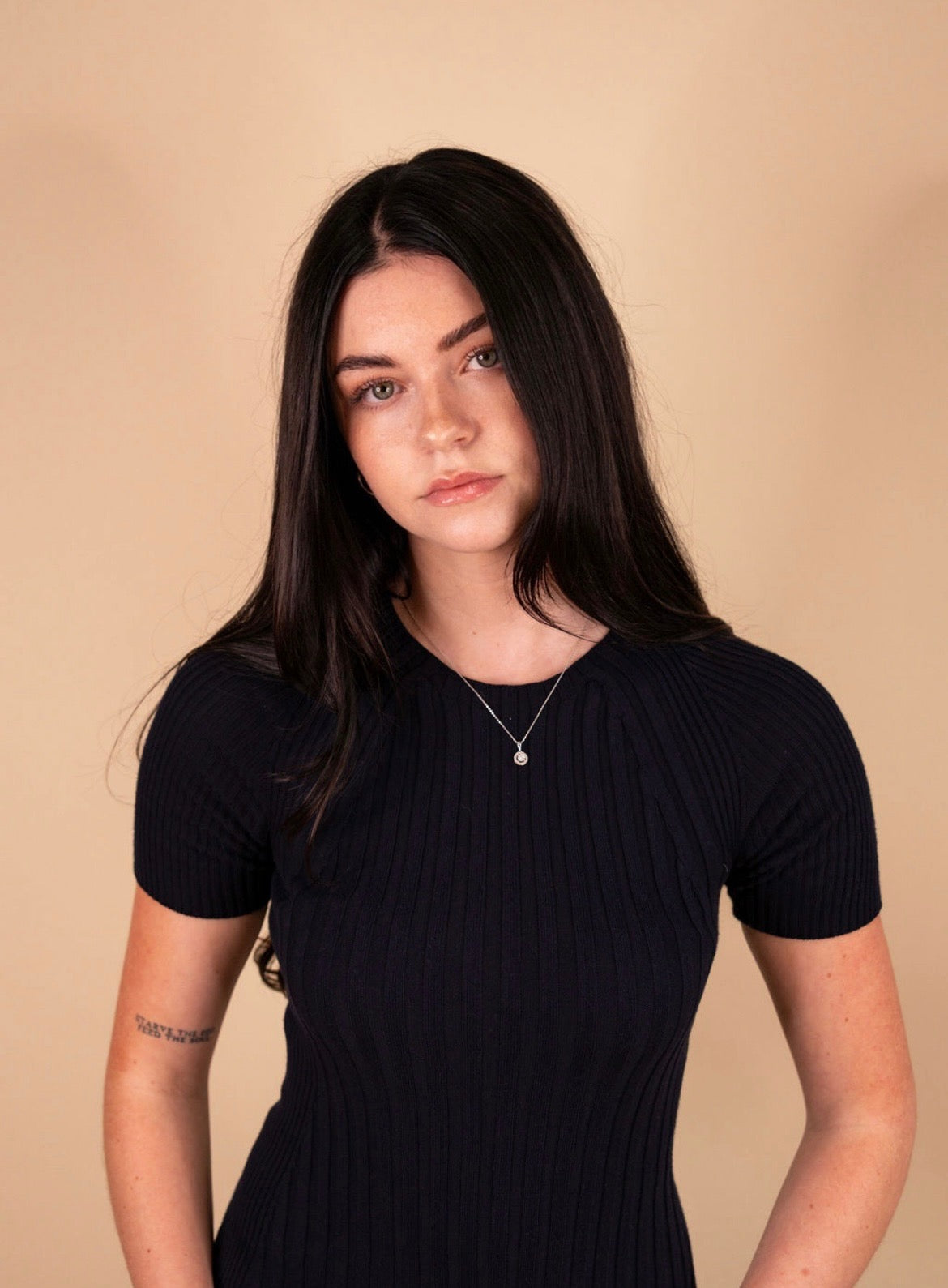 Fitted short sleeve ribbed knit midi dress with crew neckline – The Valencia Dress by Iris & Loom