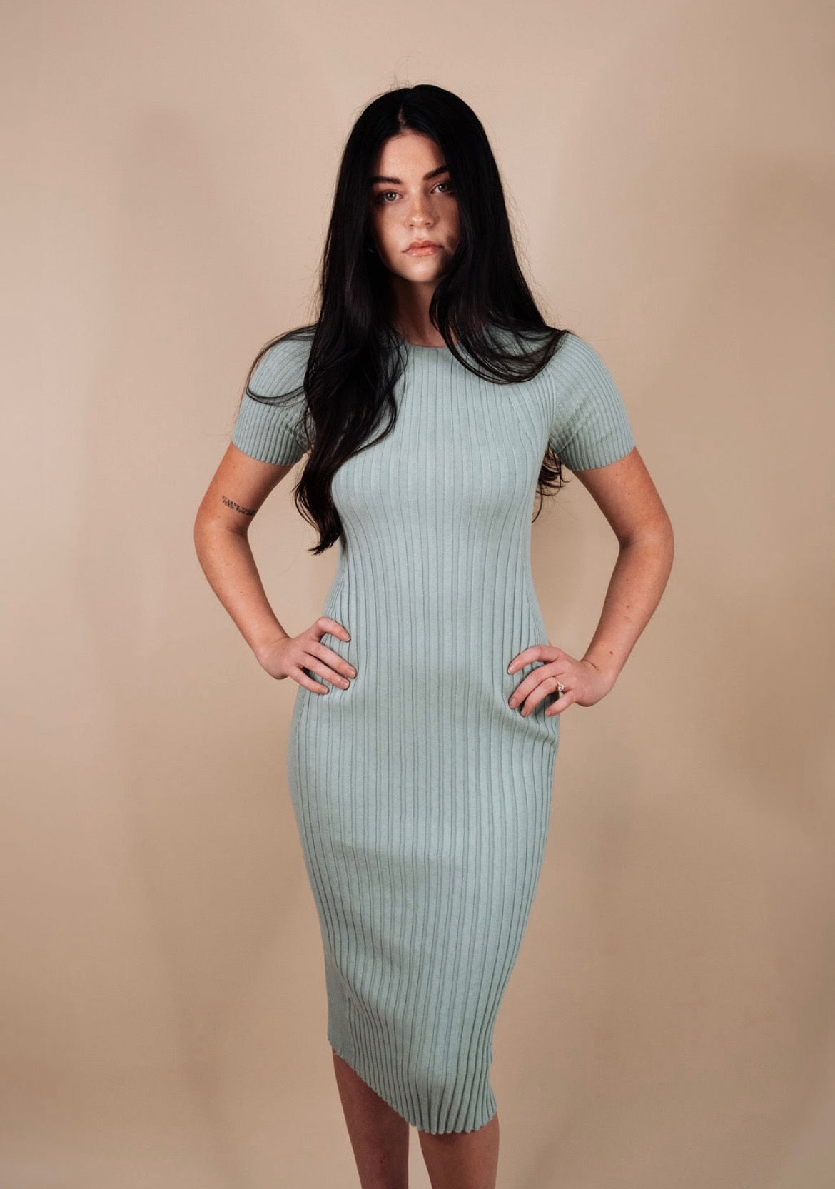 Fitted short sleeve ribbed knit midi dress with crew neckline – The Valencia Dress by Iris & Loom
