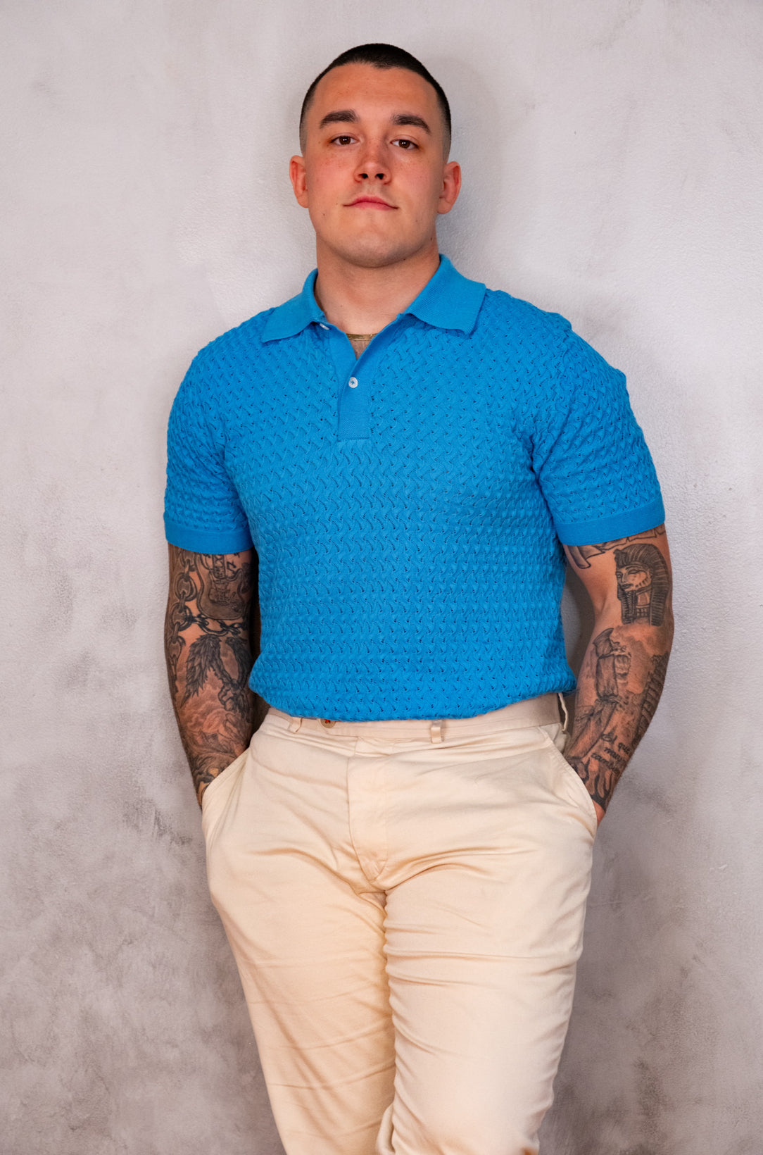 Luxury knit polo shirt with wave-like pointelle stitching – The Sirocco Polo by Iris & Loom