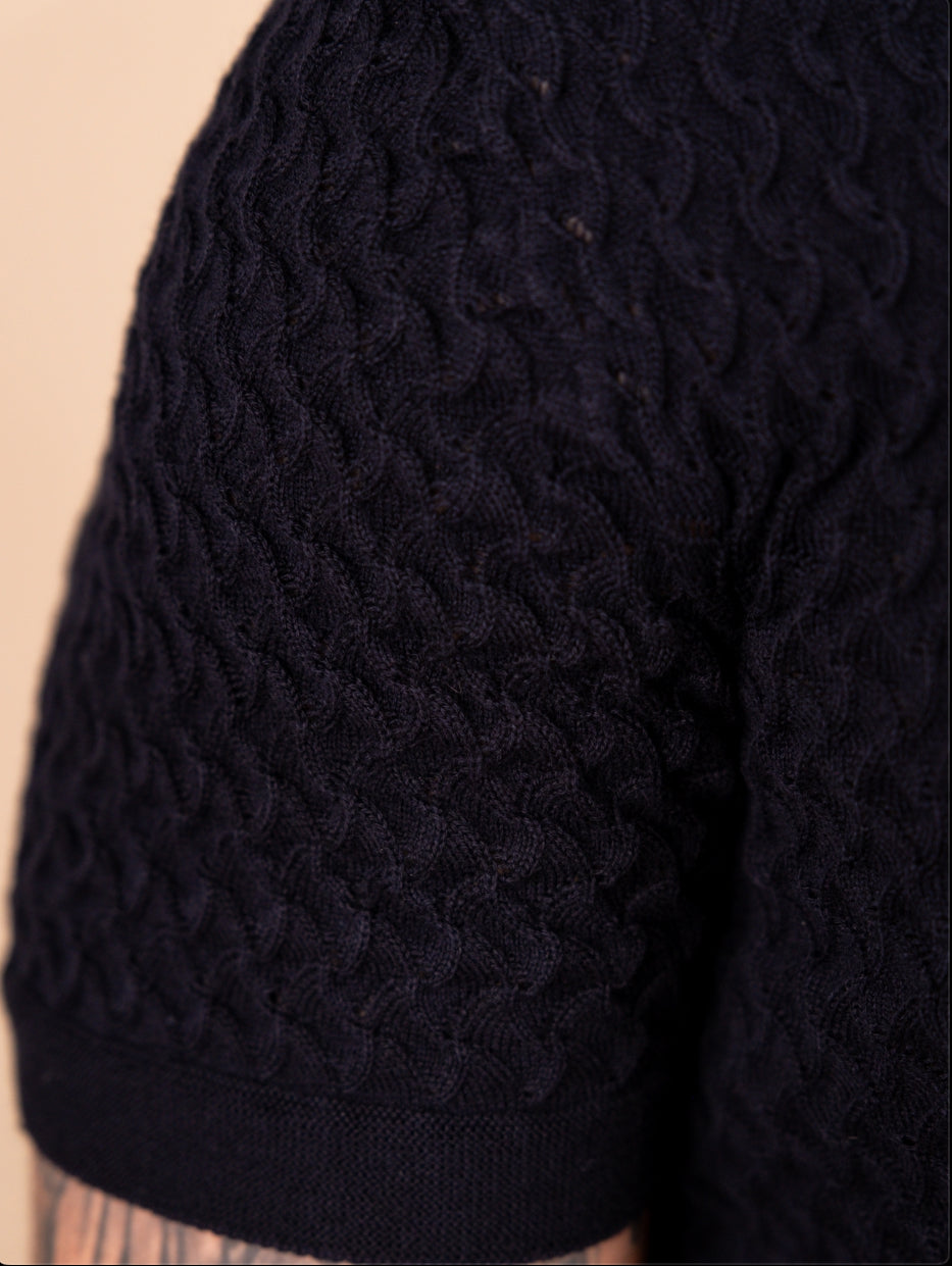 Luxury knit polo shirt with wave-like pointelle stitching – The Sirocco Polo by Iris & Loom